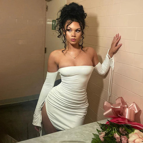 Sexy Off Shoulder Long Sleeve Pleated Tight Fit Dress for Women Party Club Evening